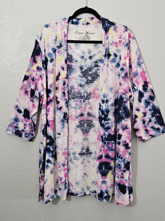 Onque Woman Tops - Onque Tie-Dye Open Front Kimono Multicolor Womens 2X Short Sleeve